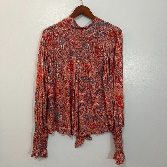 Free People Pink Floral Vista Dreams Smocked Tie V-Neck Oversized Top Blouse XS - Picture 5 of 8